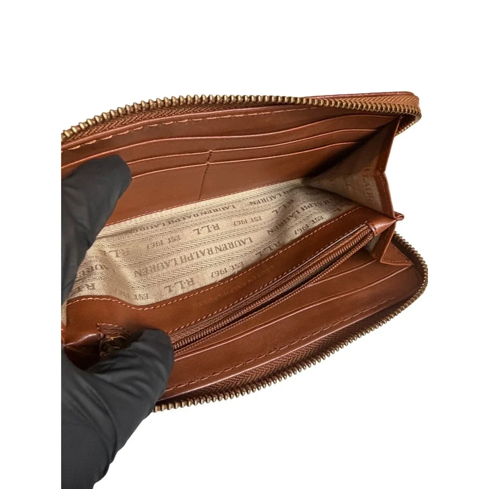 Lauren Ralph Lauren Brown Leather Zip Around Wallet Gold Logo Plaque Cognac